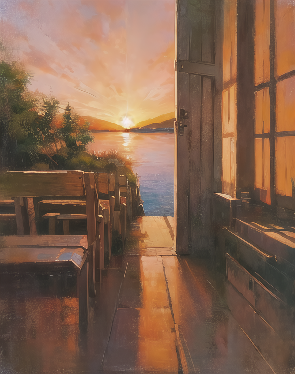 A Cafe near Lake in sunset near a forest in risikesh